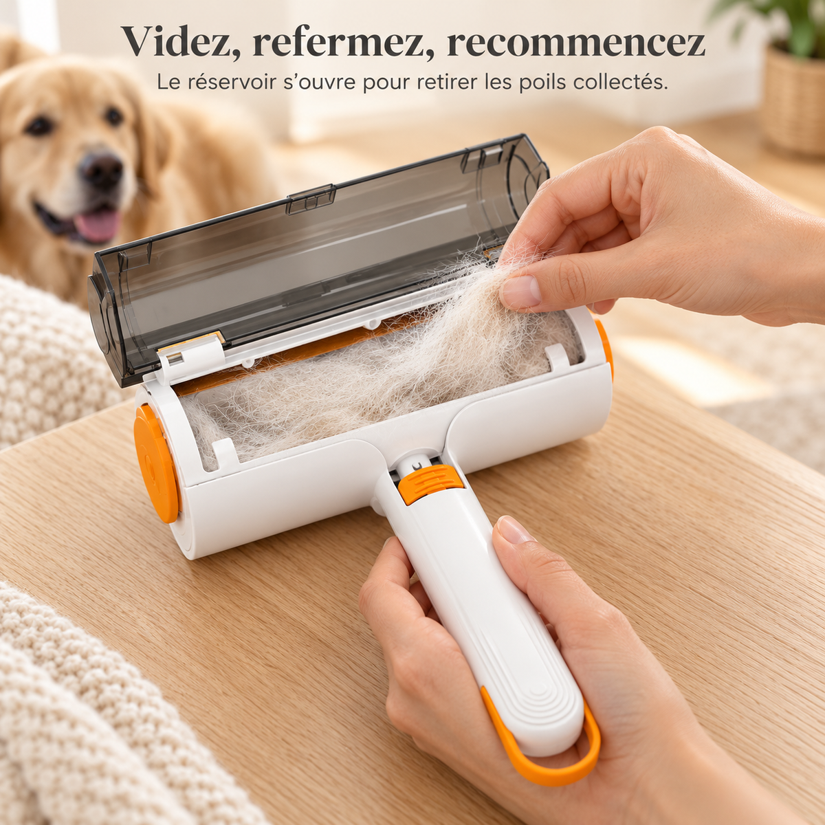 Rouleau Anti-Poils pour Chien et Chat — Réservoir Intégré, Rinçable à l'Eau