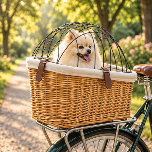 Panier de Vélo pour Chien en Rotin Tressé — Fixation Arrière, Dôme de Protection