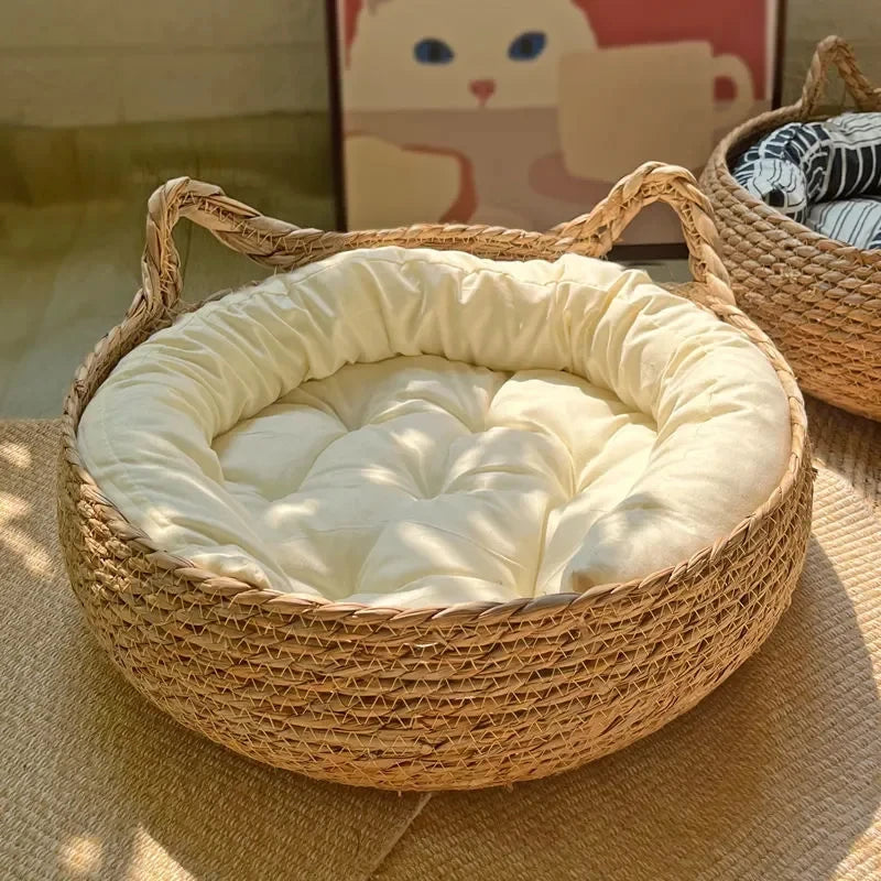 Panier Nid en Fibre Tressée pour Petit Chien — Coussin Chaud Amovible