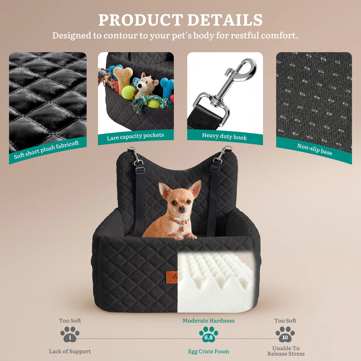 Dog Car Seat for Small Medium Dogs, Memory Foam Pet Travel Bed, Non-Slip Cushion with Safety Belts & Side Storage, Under 35lbs