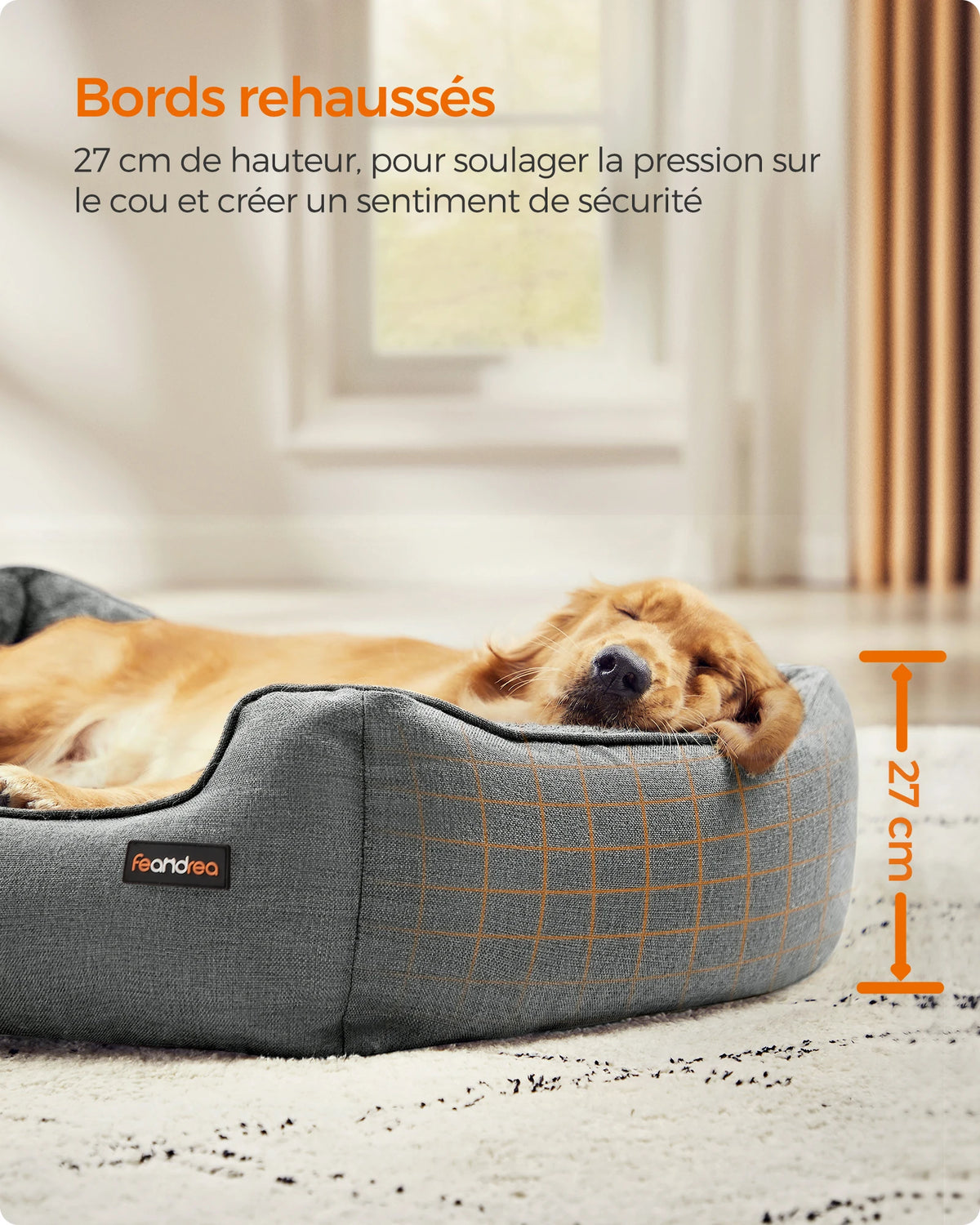 Feandrea Dog Basket, Raised Edge, Non-Slip, Removable Washable Cover, XL Size for Large Dogs, 100 x 75 x 25 cm, Grey