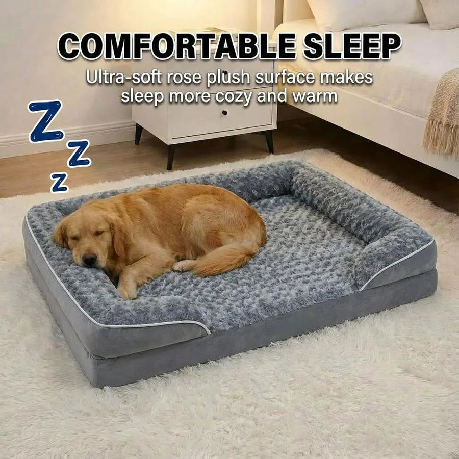 Detachable and Washable Orthopedic Support Dog Bed for Large Breeds Such as Golden Retrievers, High-Elasticity Support Sponge Ve