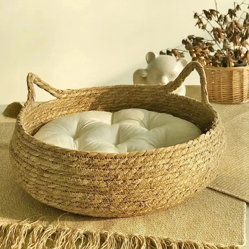 Panier Nid en Fibre Tressée pour Petit Chien — Coussin Chaud Amovible