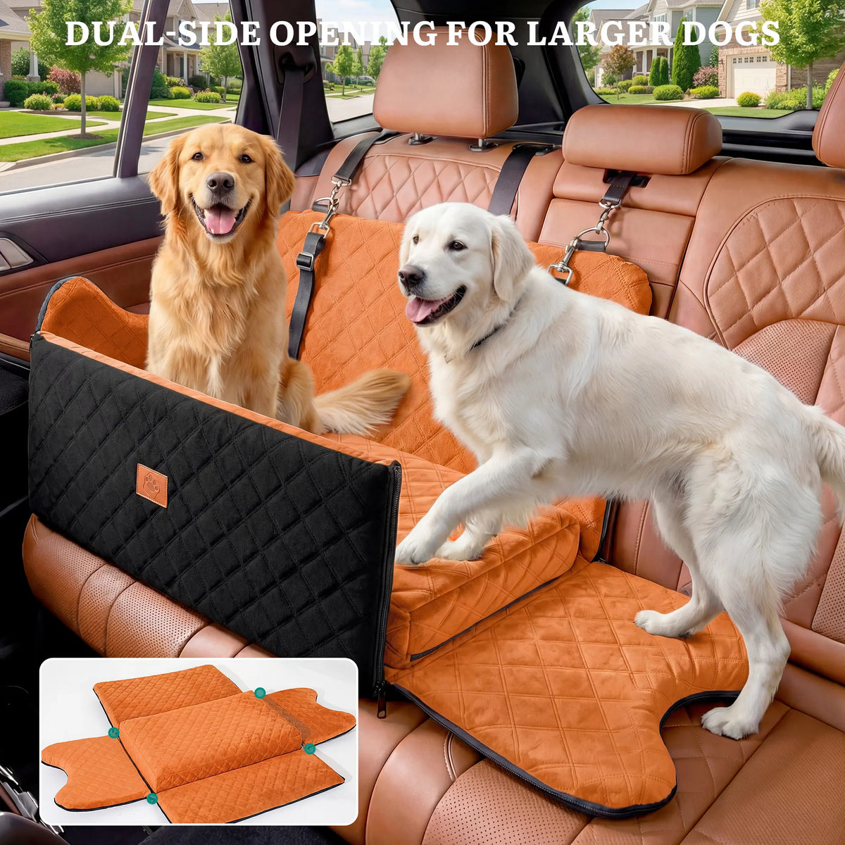 Dog Car Seat for Medium Large Dogs, Memory Foam Pet Bed with Storage, Non-Slip Cushion and Safety Belts Under 55lbs