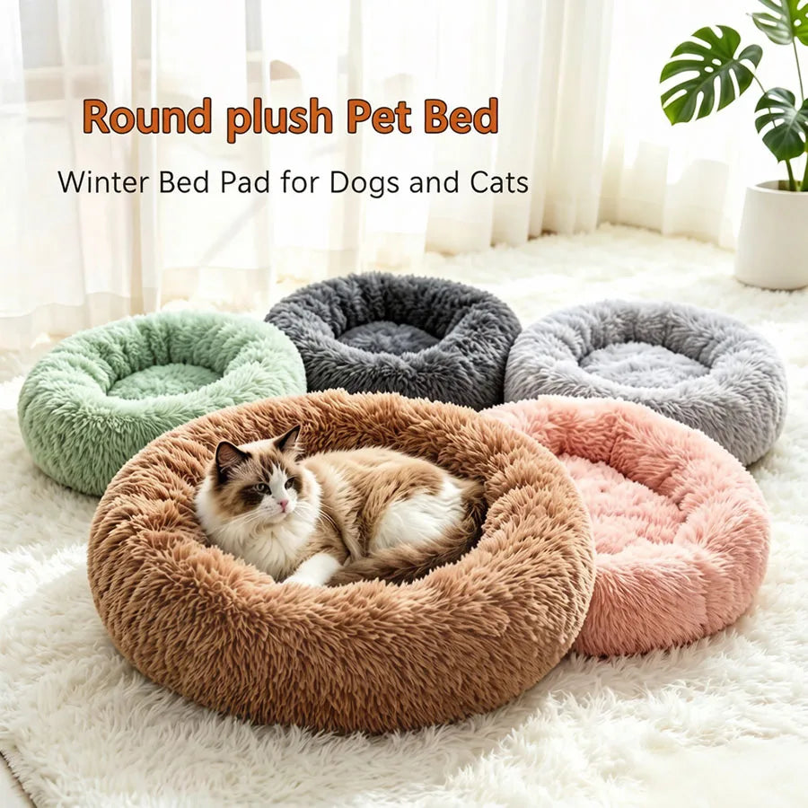 Soft Pet Cat Bed Pad Plush Warm Faux Fur Dog Calm Bed Donut Round Bed Comfortable Sleeping Washable for Small Medium Dog and Cat