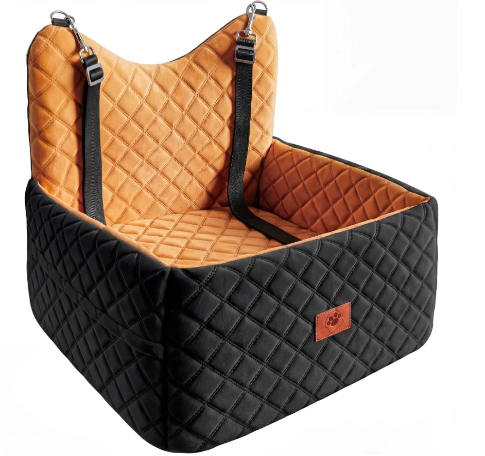Dog Car Seat for Small Medium Dogs, Memory Foam Pet Travel Bed, Non-Slip Cushion with Safety Belts & Side Storage, Under 35lbs