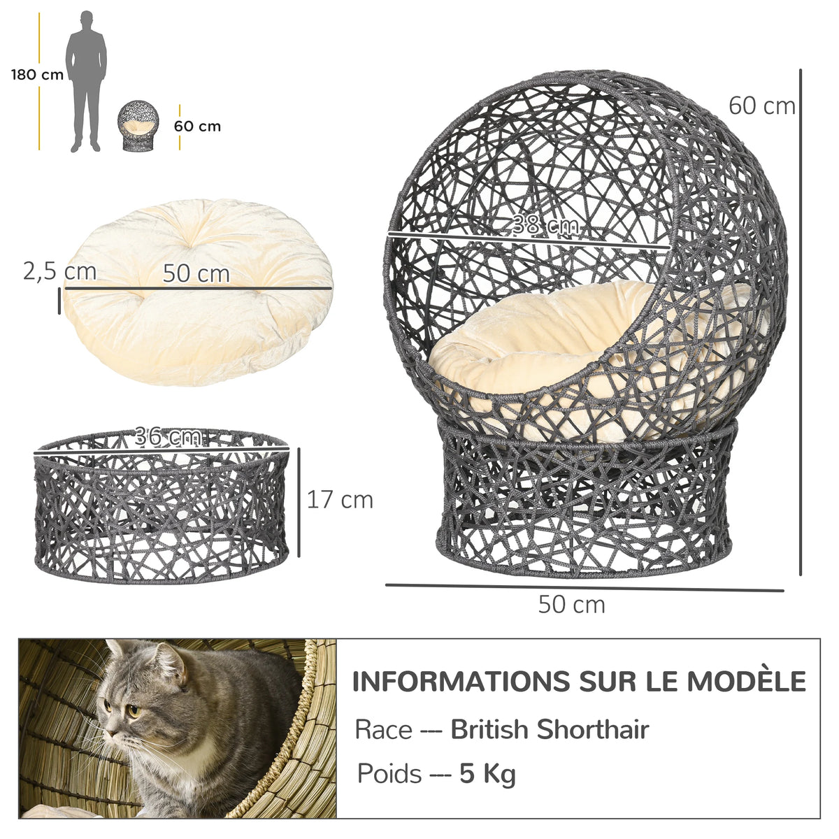 Panier Surélevé en Corde Tressée pour Petit Chien — Coussin Amovible