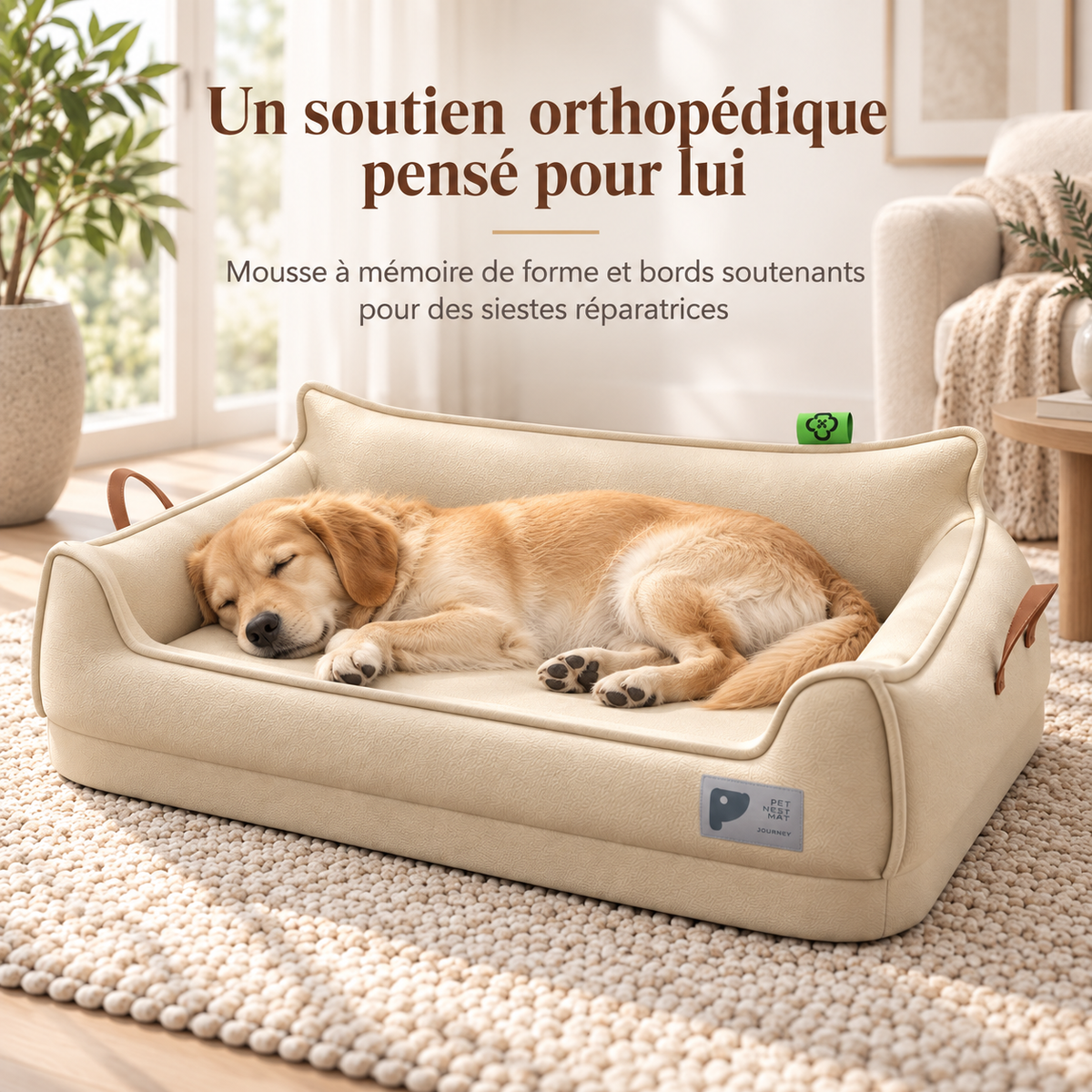 Canapé-lit orthopédique en cuir pour chien — soutien orthopédique, mousse à mémoire de forme