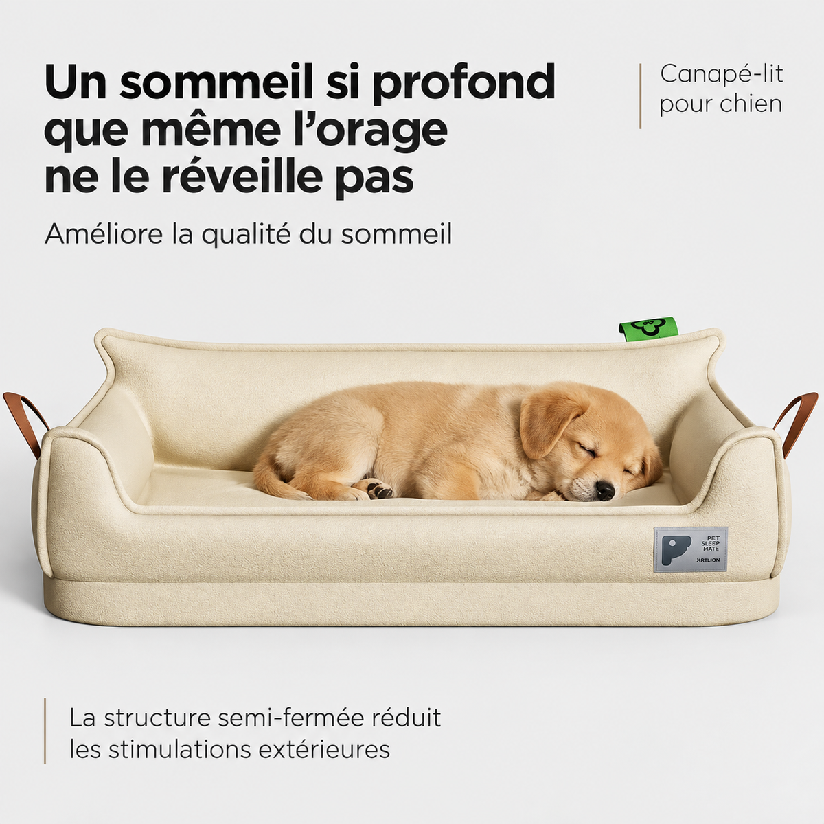 Canapé-lit orthopédique en cuir pour chien — structure semi-fermée, chiot endormi