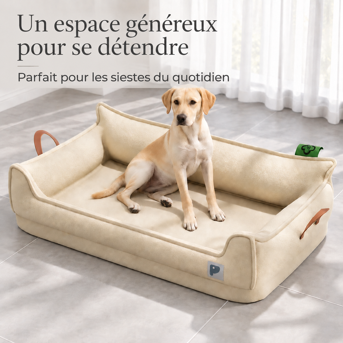 Canapé-lit orthopédique en cuir pour chien — Labrador installé, aide au choix de la taille