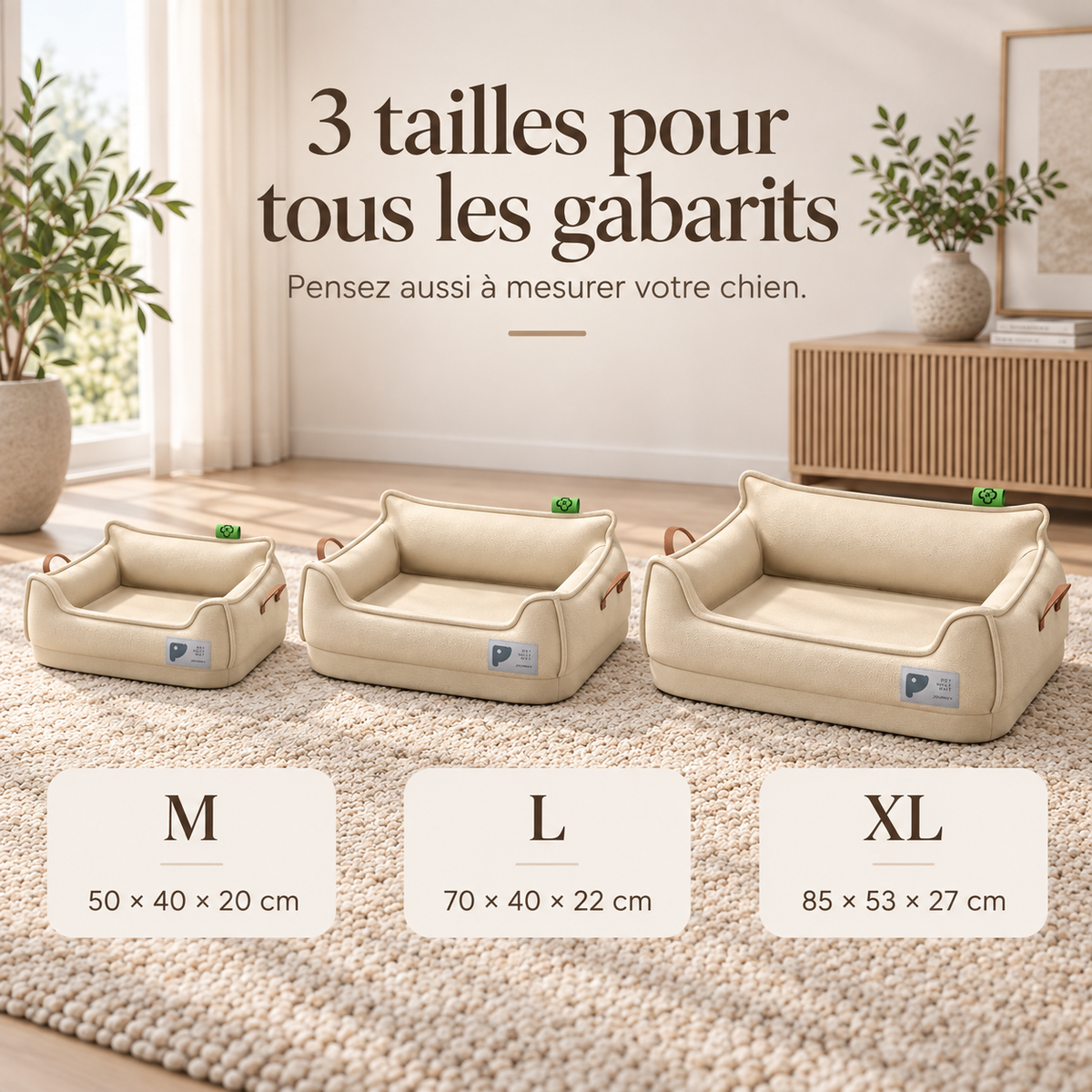 Guide des tailles du canapé-lit orthopédique en cuir pour chien - M, L, XL