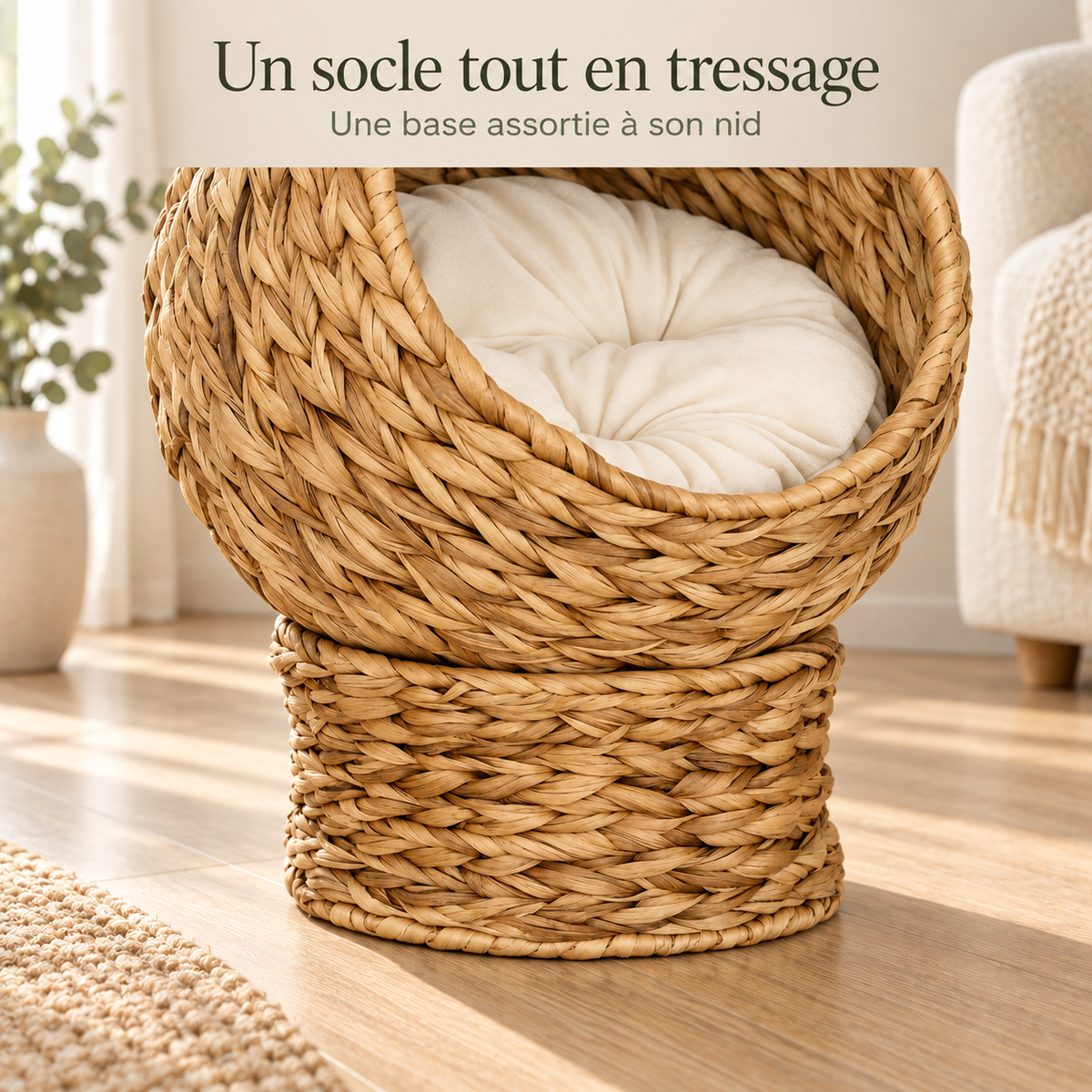 Détail du socle tressé du panier nid rond pour petit chien