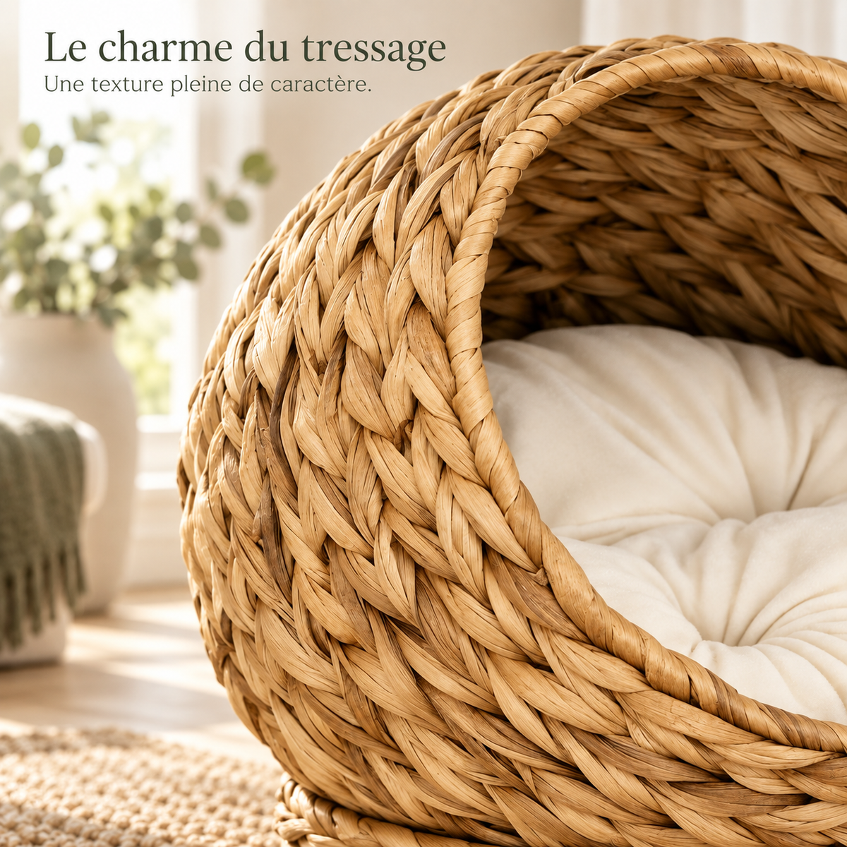 Détail de la texture tressée du panier nid rond pour petit chien
