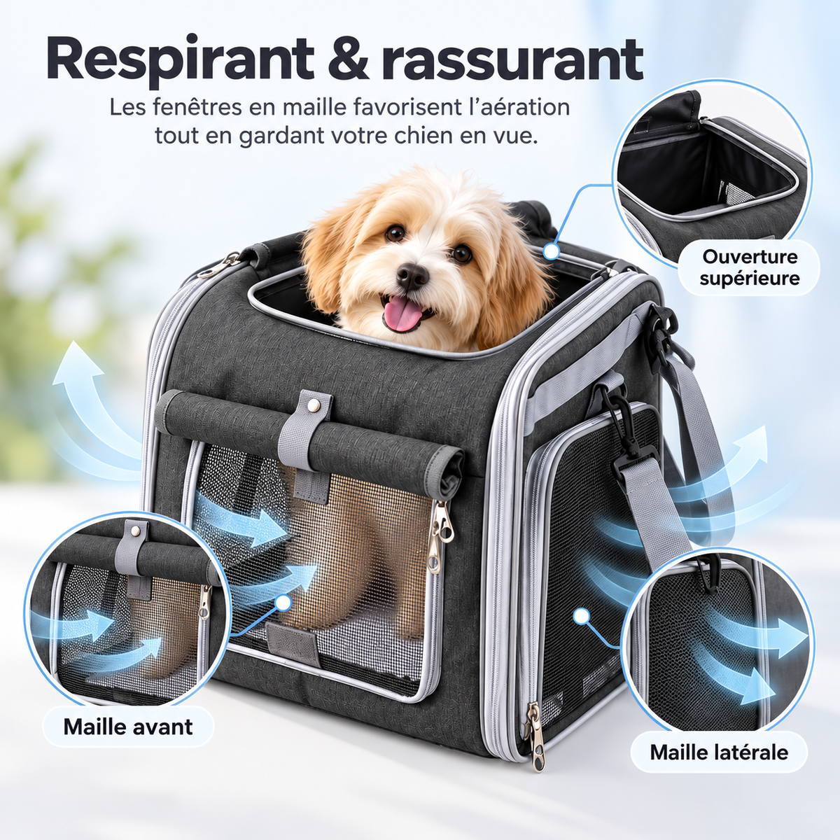 Panier de vélo pour chien respirant et rassurant, fenêtres en maille