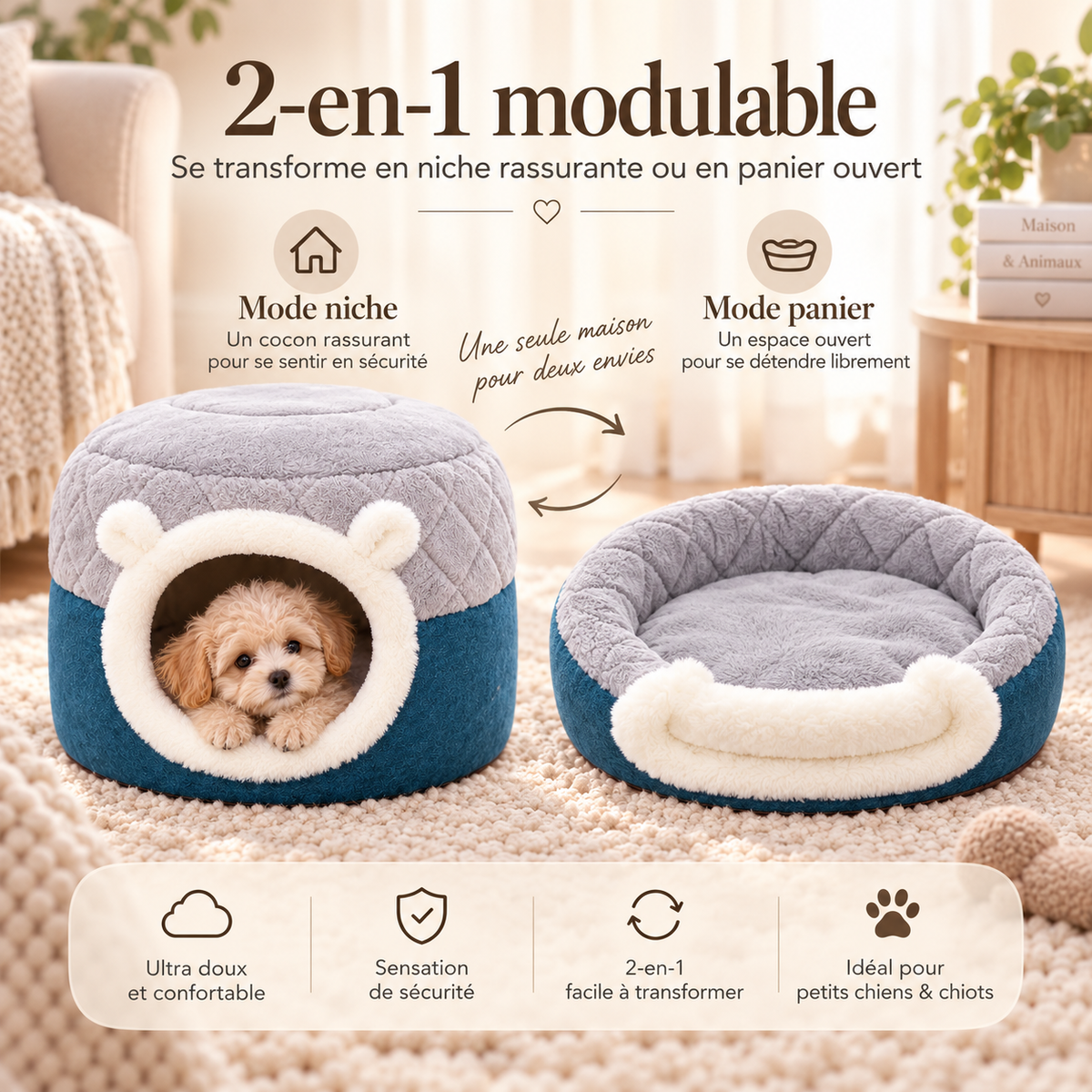 Panier cocon 2-en-1 PaniHome pour petit chien — mode niche fermée ou mode panier ouvert