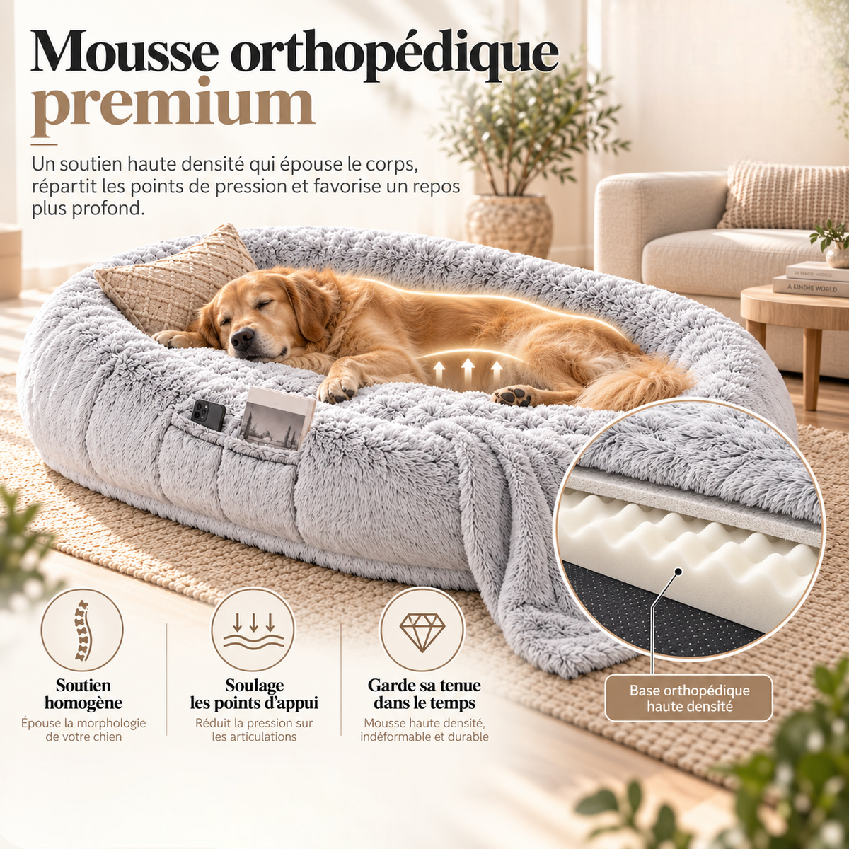 Infographie mousse orthopédique premium du panier cocon géant PaniHome : soutien homogène, soulage les points d'appui, garde sa tenue dans le temps