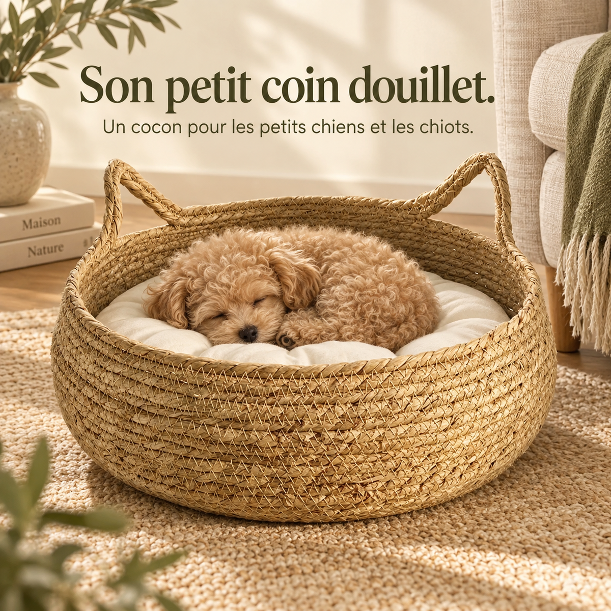 Chiot dans le panier rond en bambou PaniHome, son petit coin douillet