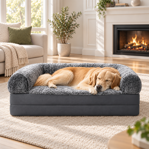 Chien endormi paisiblement sur son canapé-lit XXL près de la cheminée