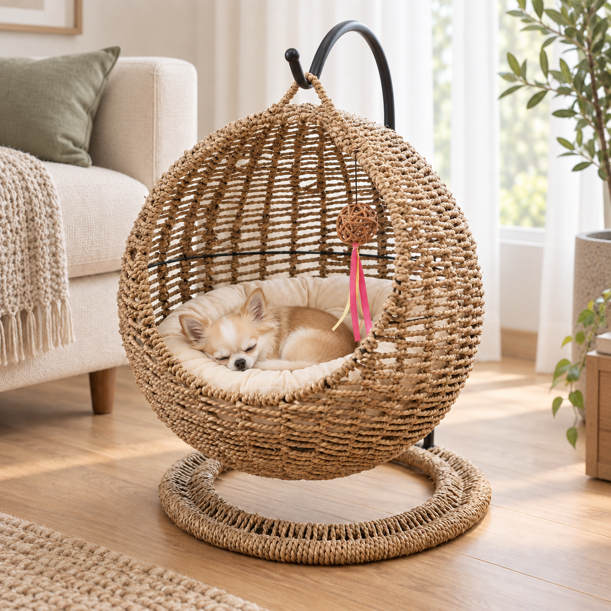 Chihuahua endormi et blotti dans le nid en osier tressé