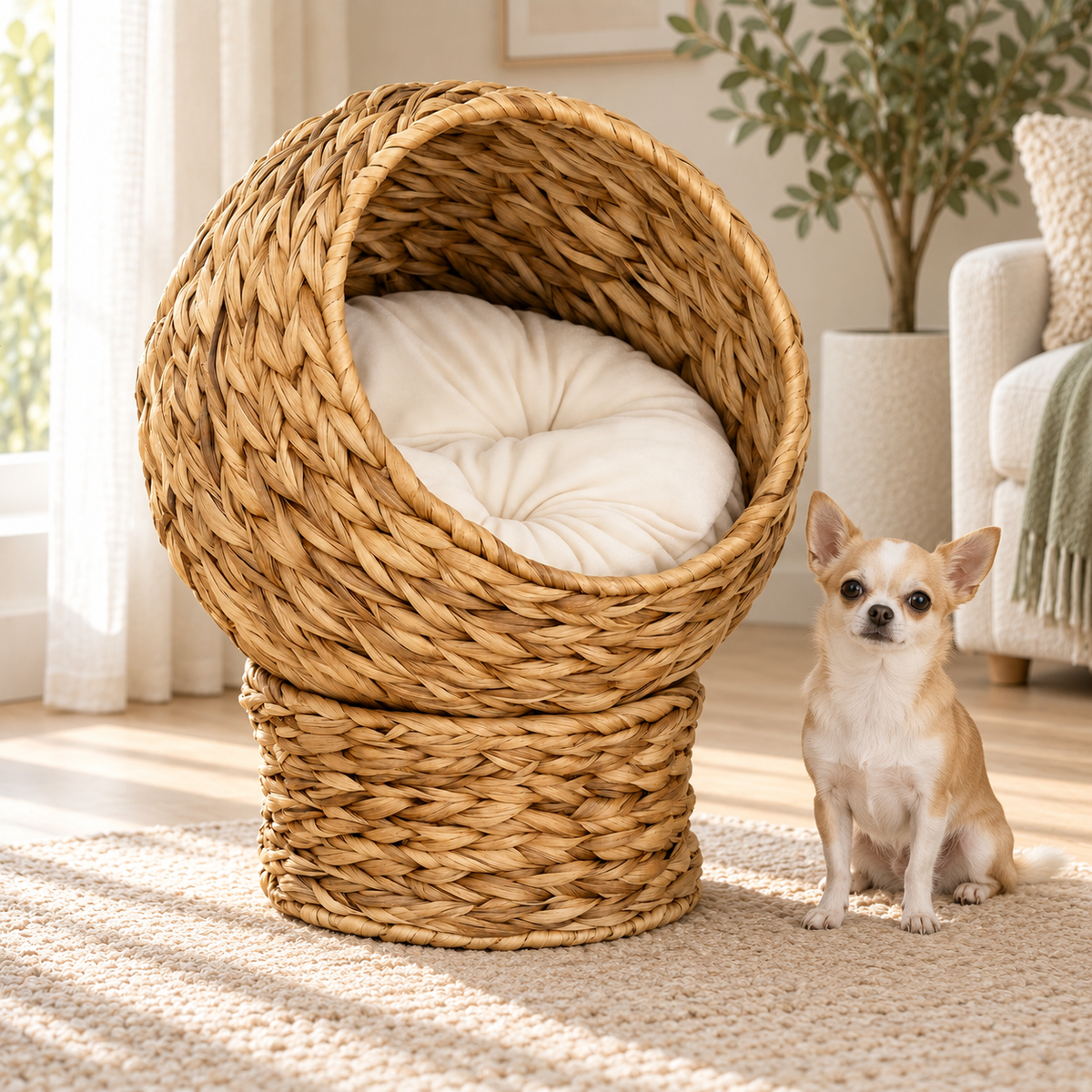 Chihuahua debout à côté du panier nid rond tressé