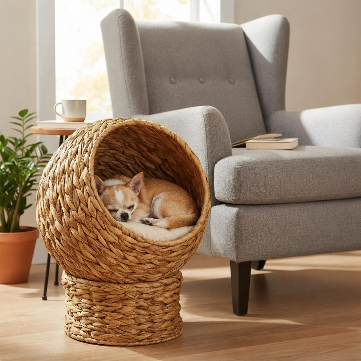 Chihuahua endormi dans le panier nid rond tressé, près d'un fauteuil gris