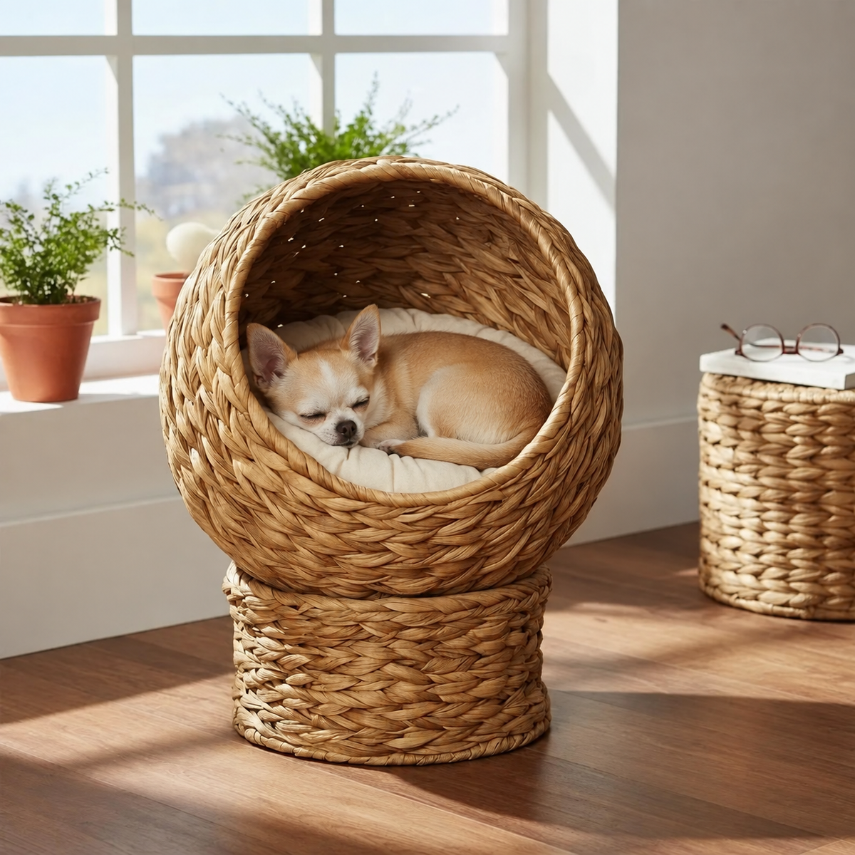 Chihuahua endormi dans le panier nid rond tressé, près d'une fenêtre