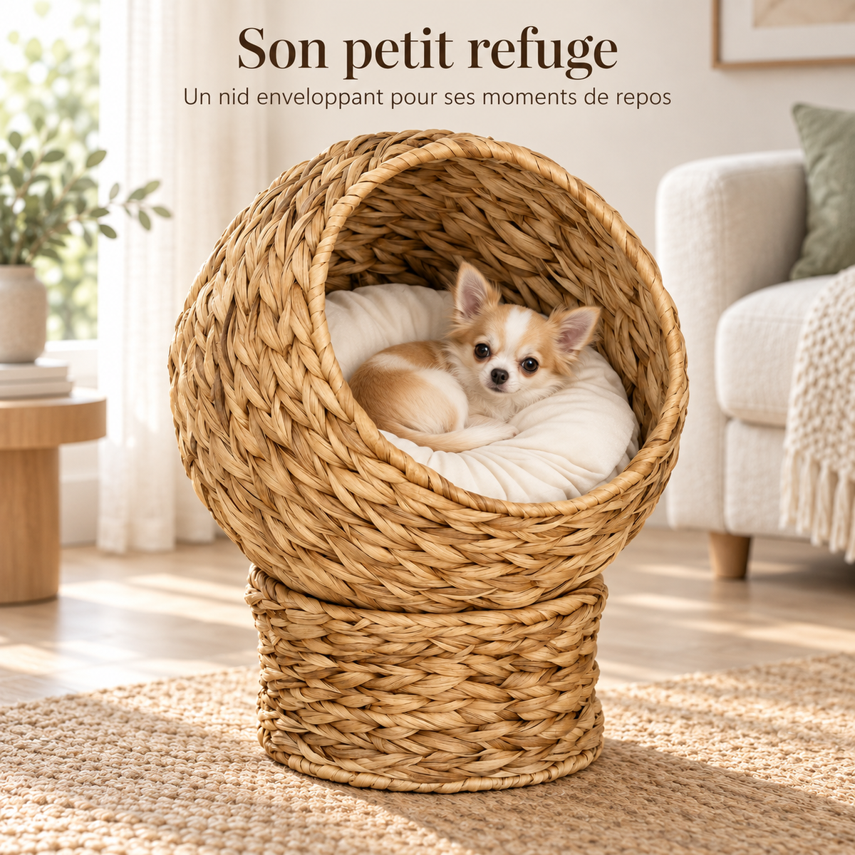 Chihuahua blotti dans son petit refuge, le panier nid rond tressé