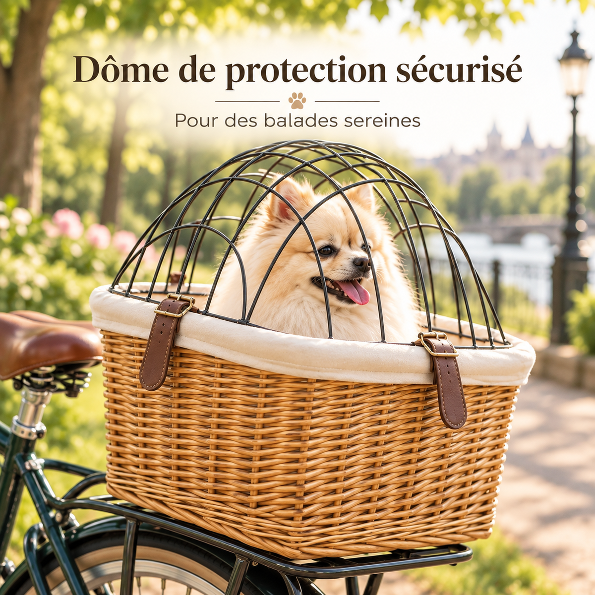 Dôme de protection en métal du panier de vélo en rotin pour chien