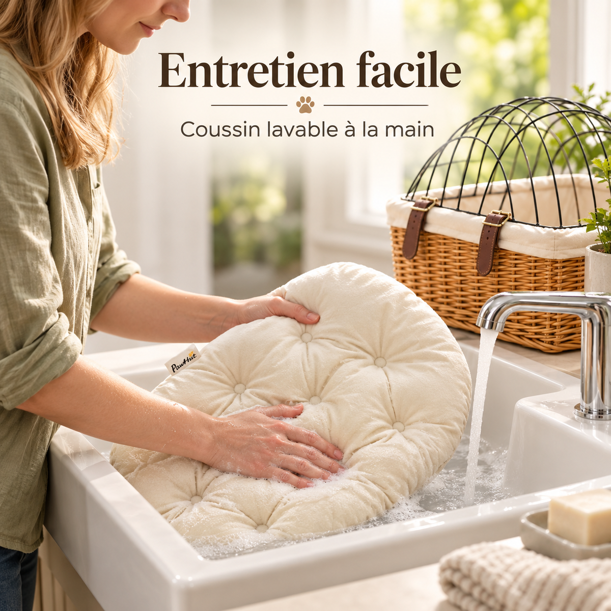 Lavage à la main du coussin du panier de vélo en rotin pour chien