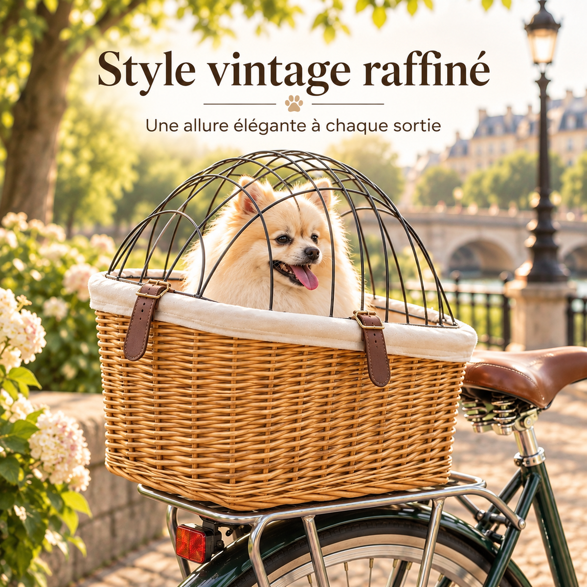 Panier de vélo en rotin tressé au style vintage raffiné pour chien