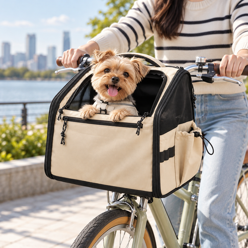 Chien dans son panier de vélo fixé sur le guidon, balade en ville