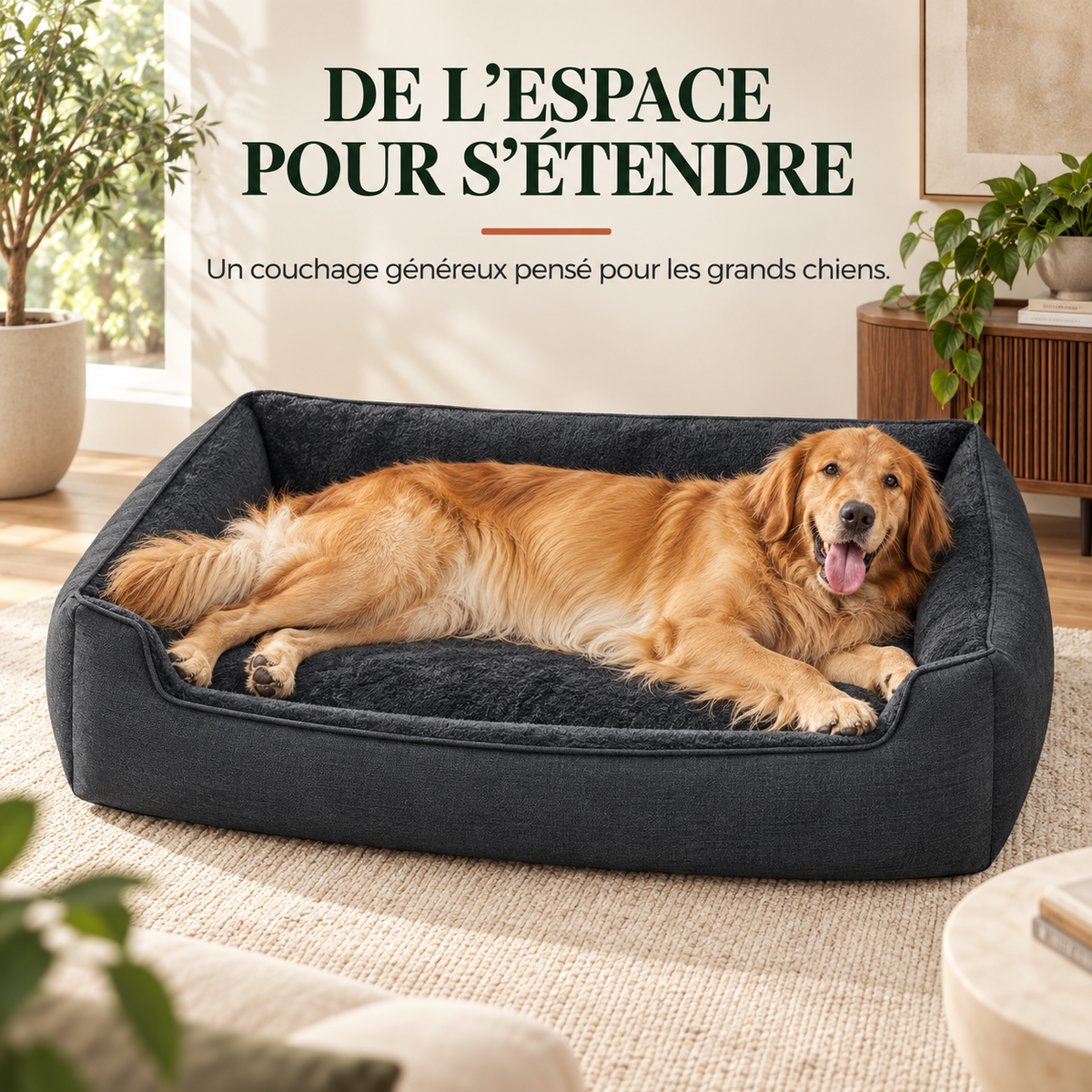 Grand chien allongé de tout son long dans le panier grand format, espace généreux pour s'étendre