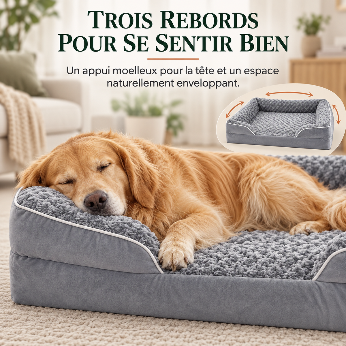 Panier orthopédique à trois rebords rembourrés offrant un appui moelleux pour la tête et un espace enveloppant