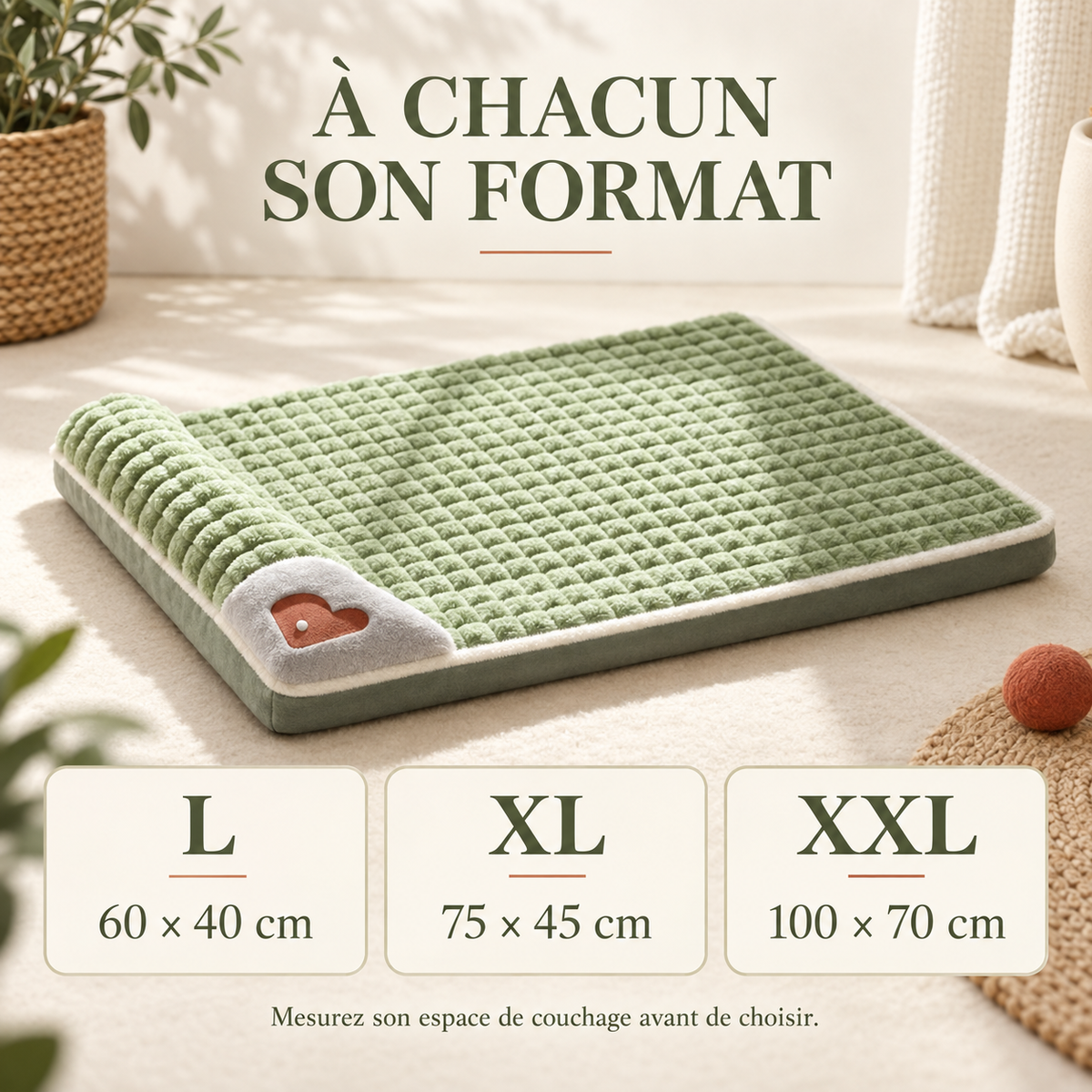 Comparatif des 3 tailles du coussin orthopédique : L 60x40cm, XL 75x45cm, XXL 100x70cm