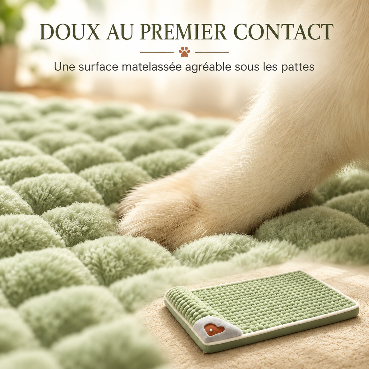 Patte de chien posée sur la surface matelassée verte du coussin orthopédique, gros plan texture
