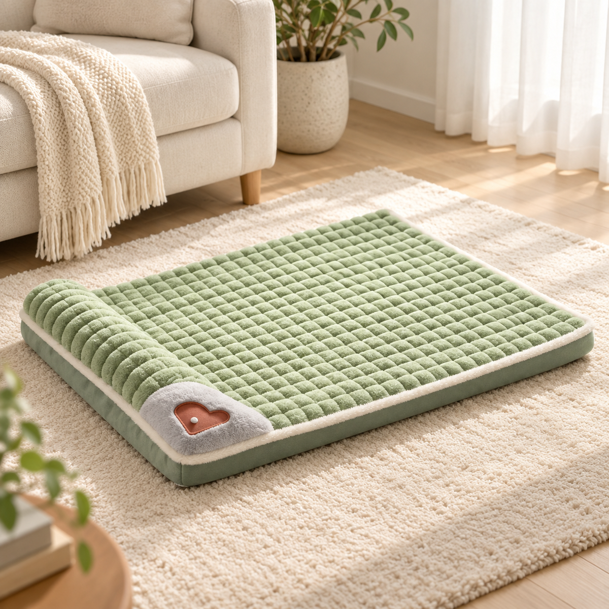 Coussin orthopédique vert roulé, posé sur un tapis près d'un canapé