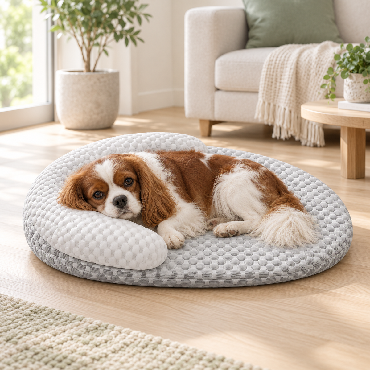 Panier ovale rafraîchissant Ice Silk gris clair, cavalier king charles lové dedans dans un salon lumineux