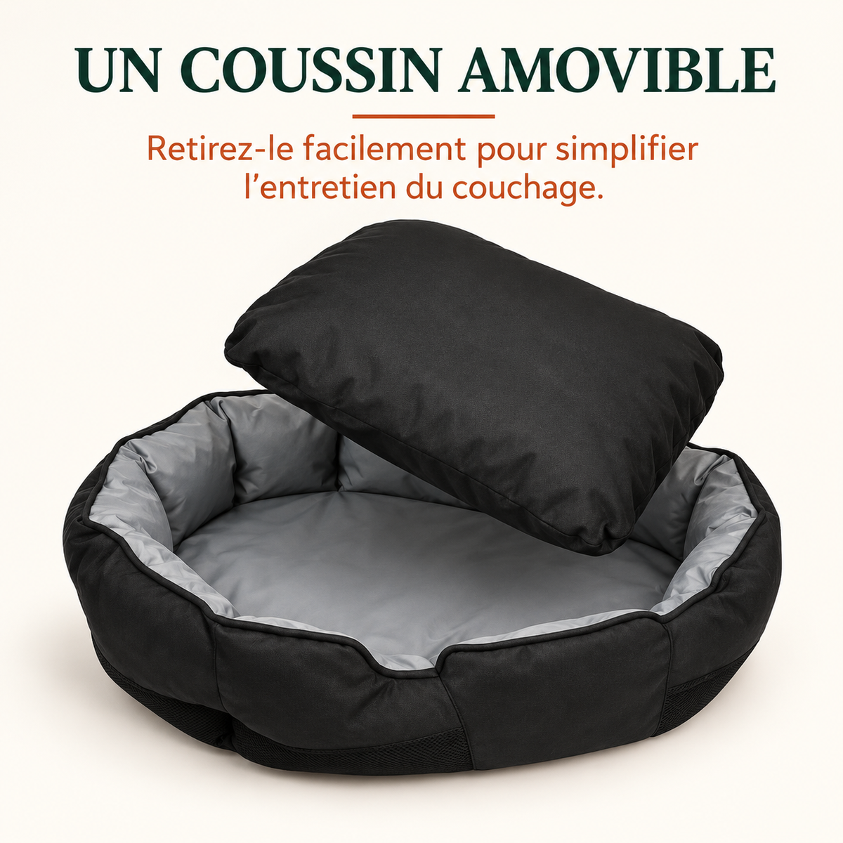 Coussin amovible du panier Oxford retiré pour montrer l'entretien facile