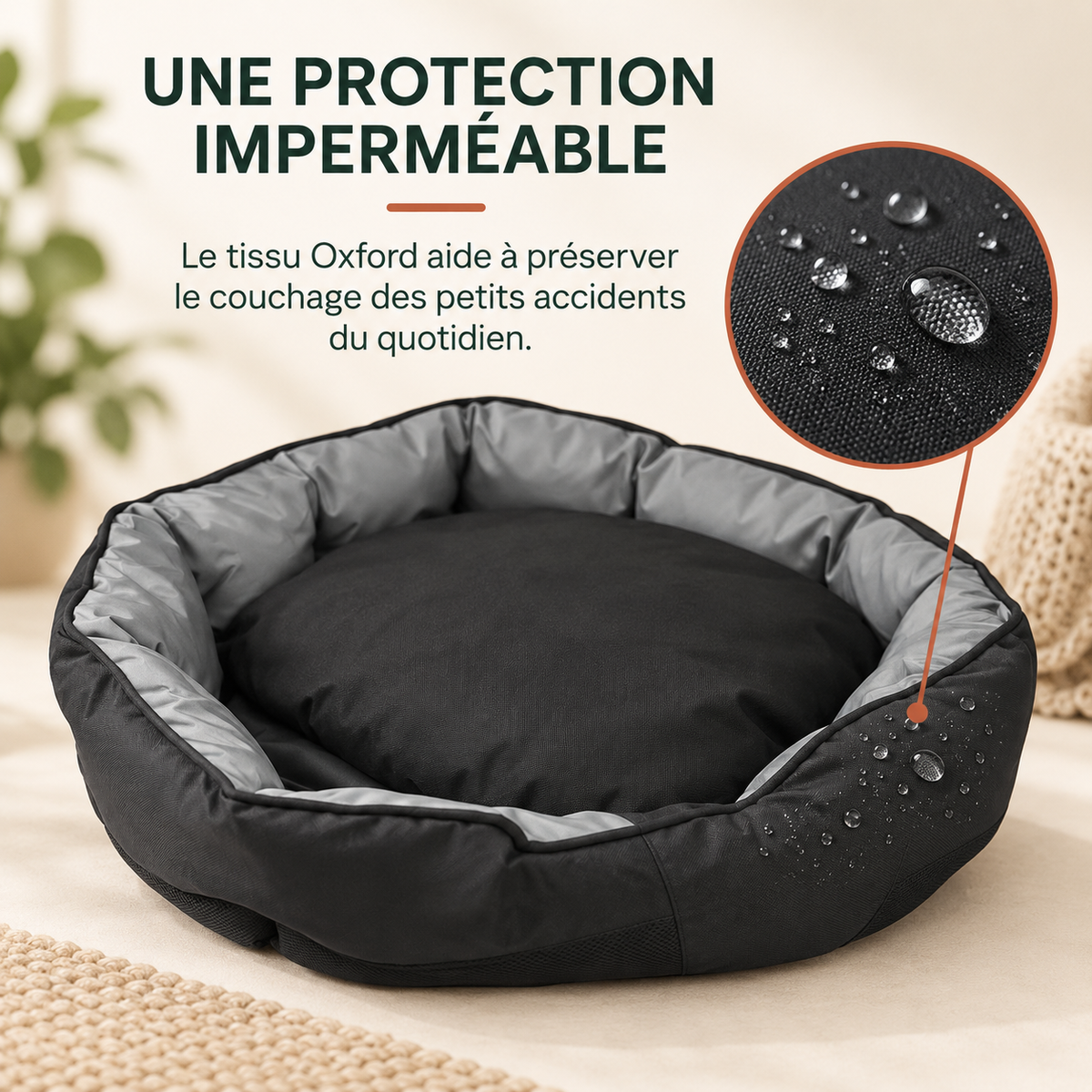 Gouttes d'eau perlant sur le tissu Oxford impermeable du panier pour chien