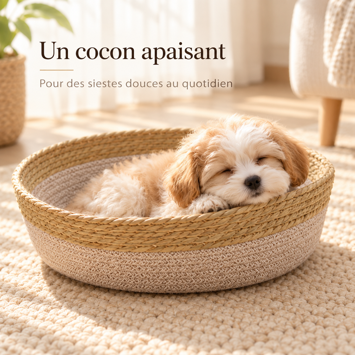 Panier rond tressé respirant pour chien — un cocon apaisant