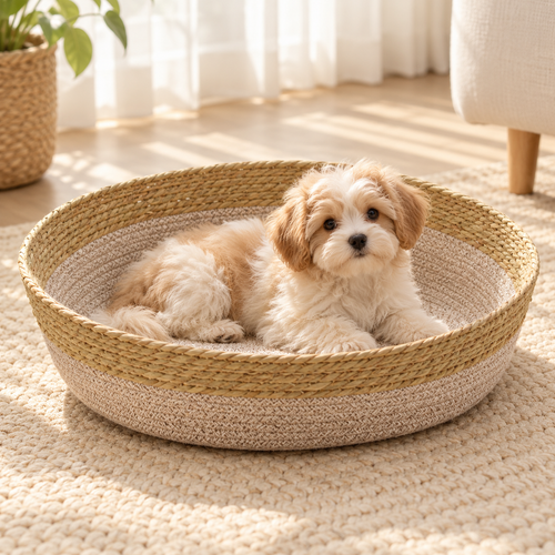 Panier rond tressé respirant pour chien, chiot installé