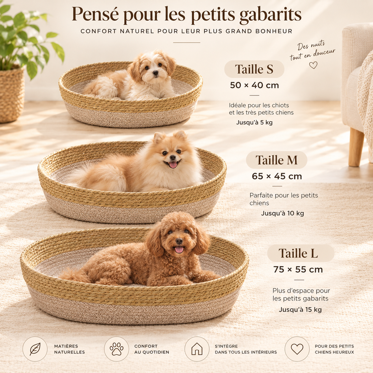 Panier rond tressé respirant pour chien — pensé pour les petits gabarits, S M L avec poids