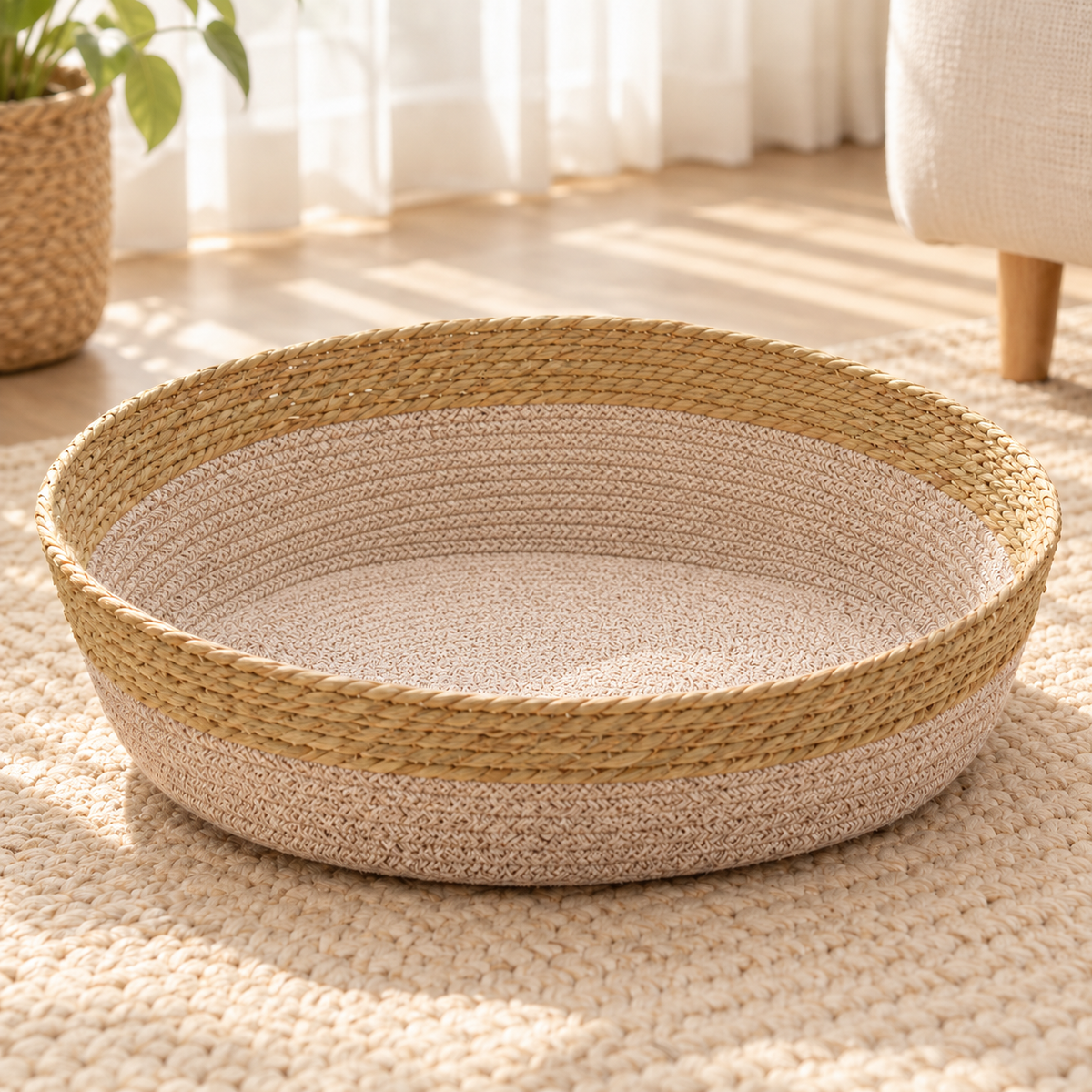 Panier rond tressé respirant pour chien, vue produit