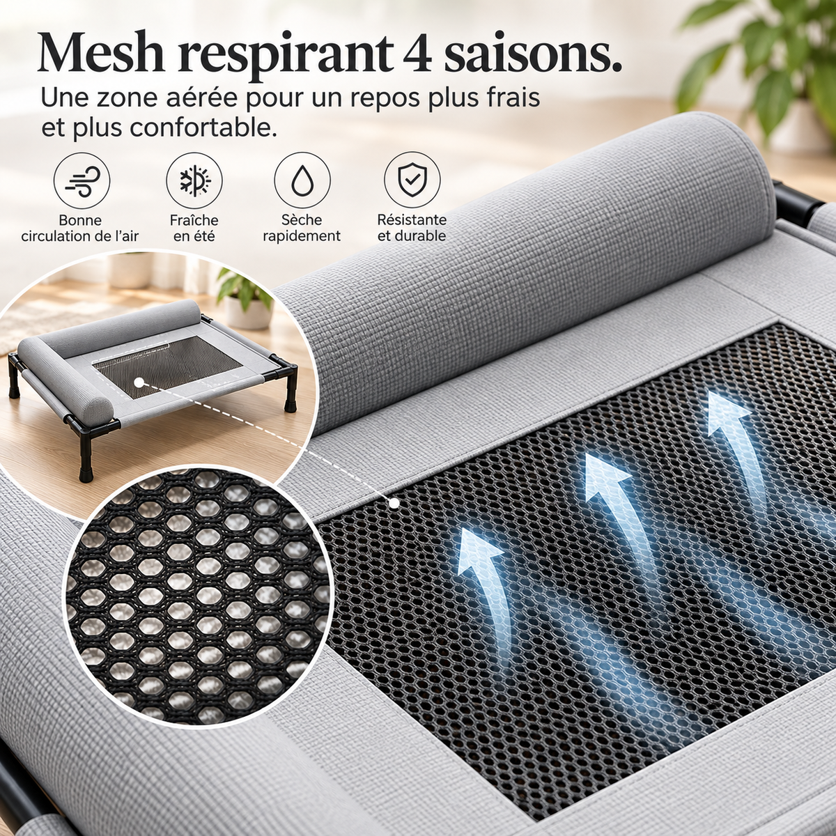 Panier surélevé pour chien — détail du mesh respirant