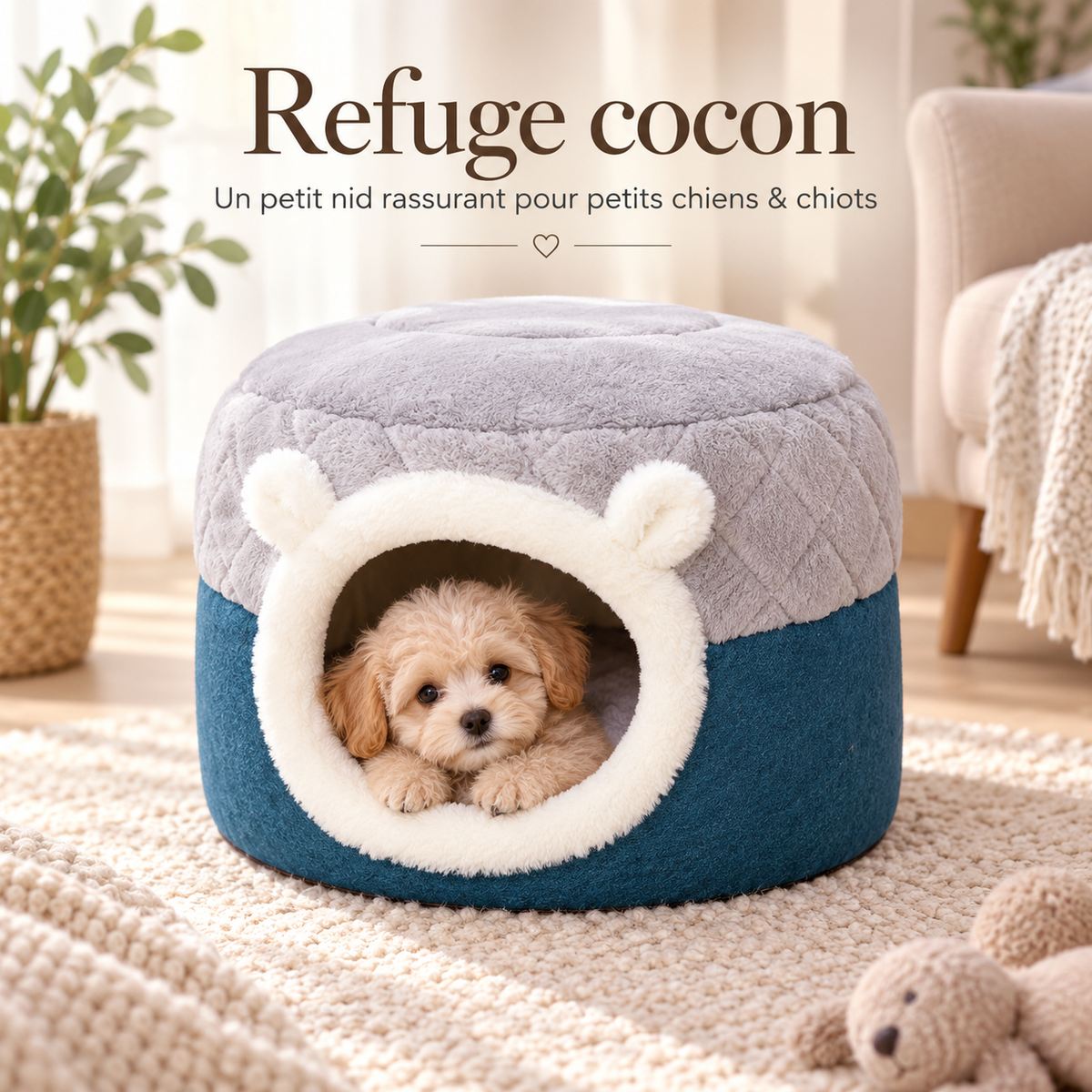 Chiot dans le panier cocon 2-en-1 PaniHome — refuge cocon pour petits chiens et chiots