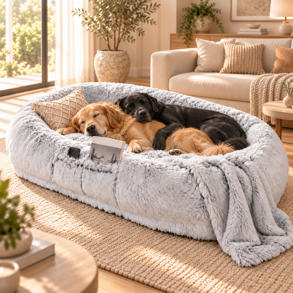 Golden retriever et labrador noir dormant côte à côte dans le panier cocon géant PaniHome