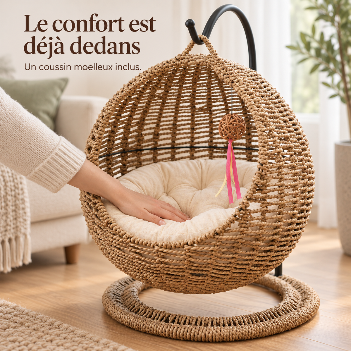 Nid en osier tressé suspendu pour petit chien, dans une chambre