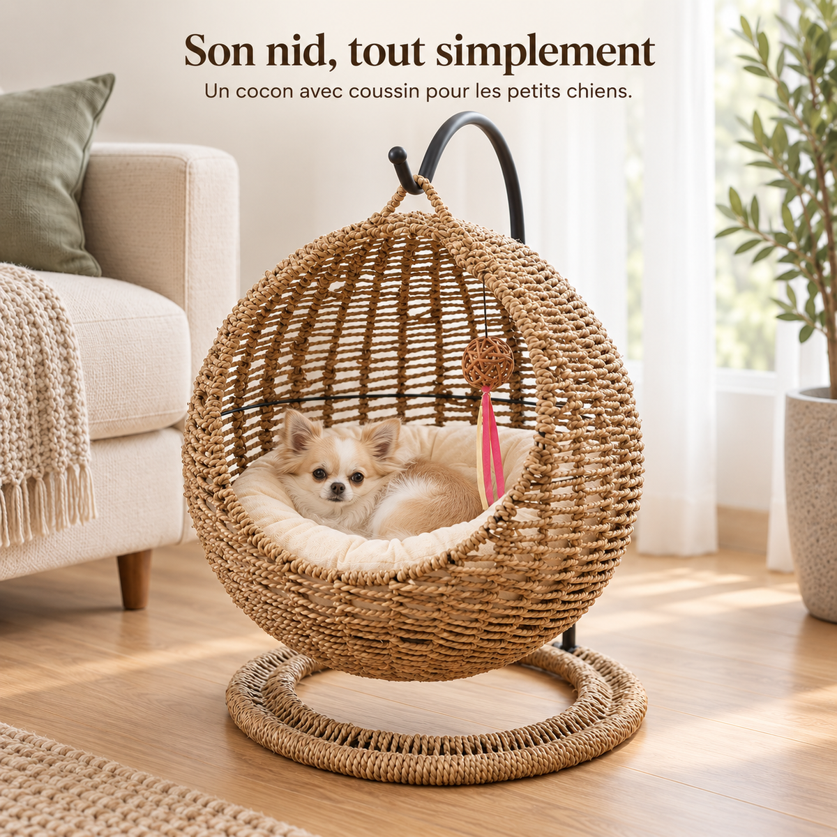 Nid en osier tressé suspendu pour petit chien, dans un salon