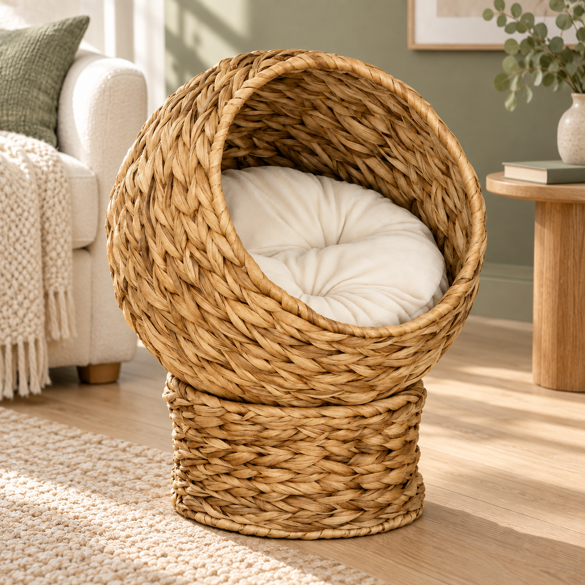 Panier nid rond tressé pour petit chien dans un salon aux murs verts