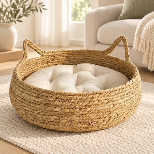 Panier rond en bambou PaniHome avec coussin, dans un salon lumineux